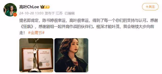 憑藉《狂飆》中「大嫂」一角獲金鷹獎最佳女配,高葉:得知喜訊人是懵的