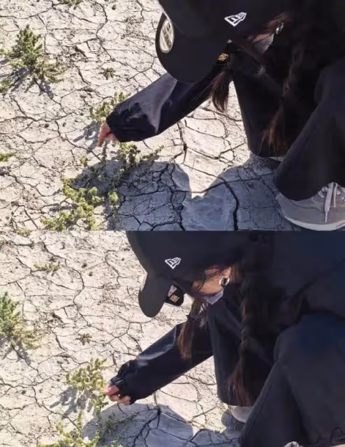 楊冪全黑look與遠處山峰合影,單手比耶俏皮靈動