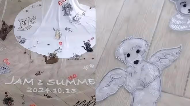 林有慧在婚紗上繡了13隻寵物貓狗,和蕭敬騰是一對精神契合型夫妻