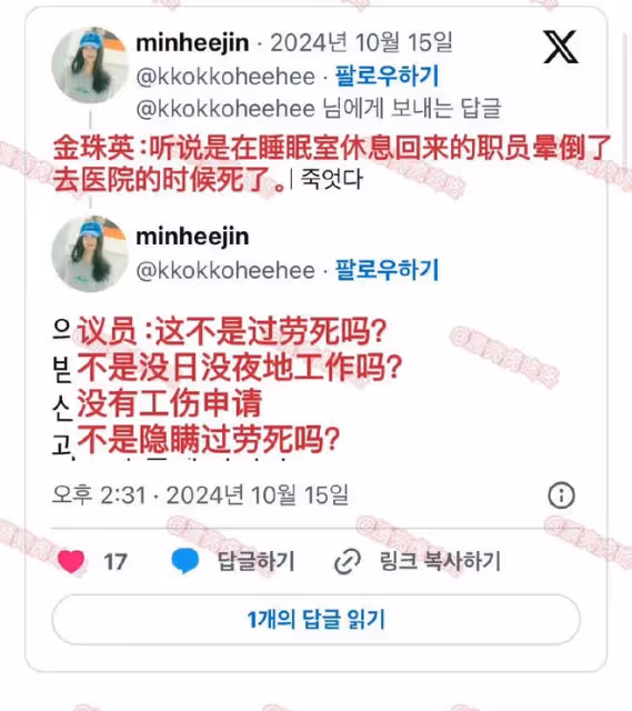 Hanni出席國會監察淚灑現場-Hybe掩蓋員工過勞死事件