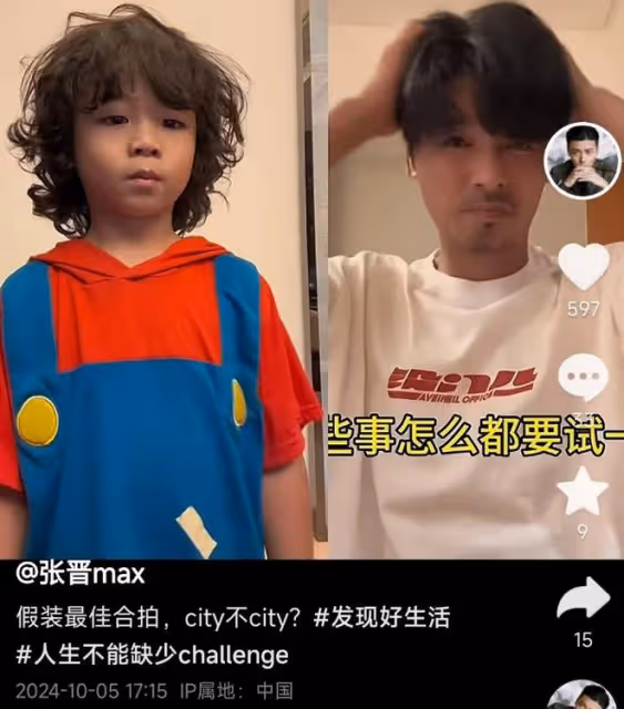 張晉曬三胎兒子近照,樂兒和爸爸剪同款板寸,共用一張臉超帥氣