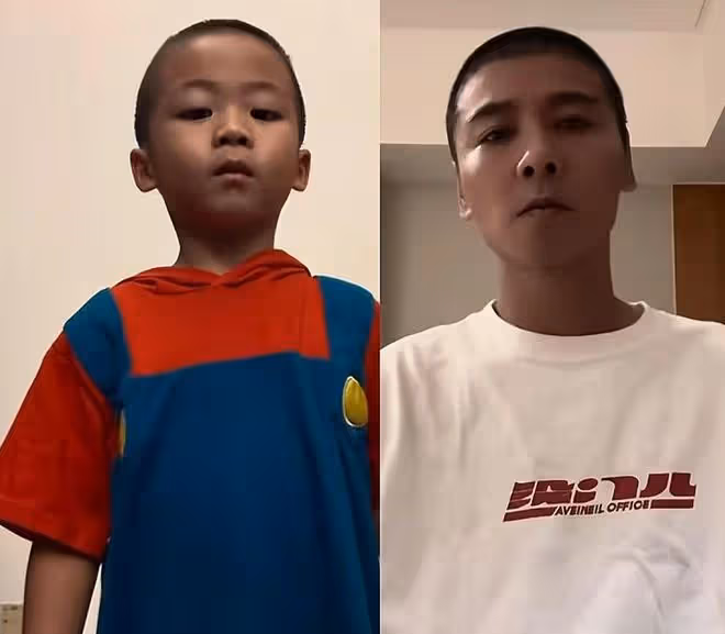 張晉曬三胎兒子近照,樂兒和爸爸剪同款板寸,共用一張臉超帥氣