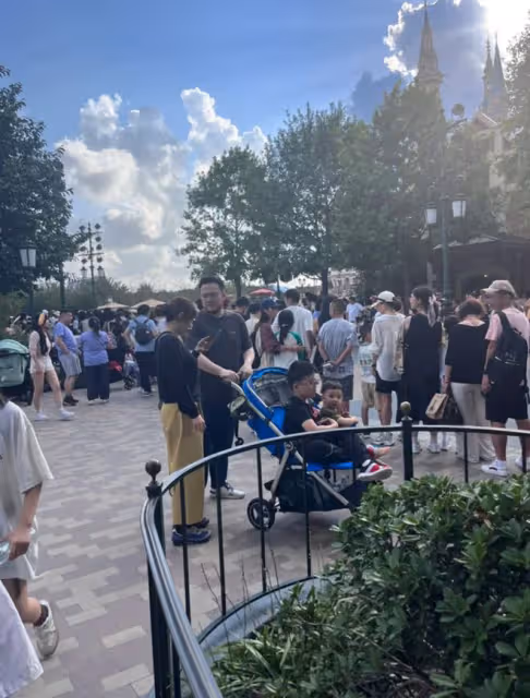 宋丹丹一家逛迪士尼，兒子兒媳穿著樸素自己帶娃，倆孫子長相喜人