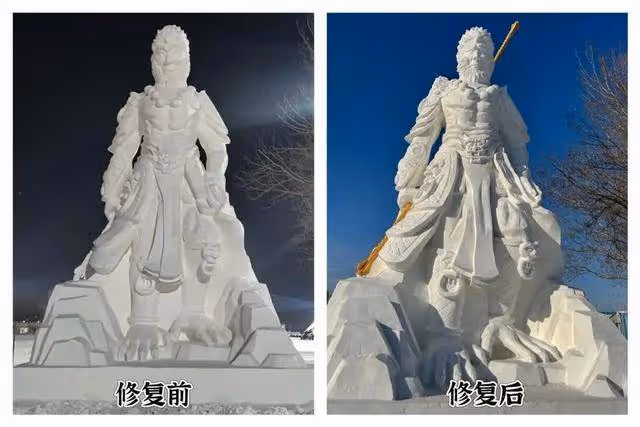 黑龍江佳木斯「黑悟空」雪雕「丑出圈」:修復後蘋果肌變小