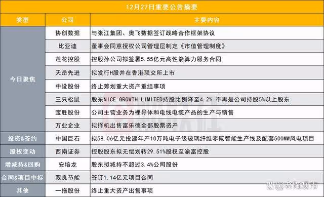 A股：2024年12月28日，A股上市公司利好利空公告信息匯總！