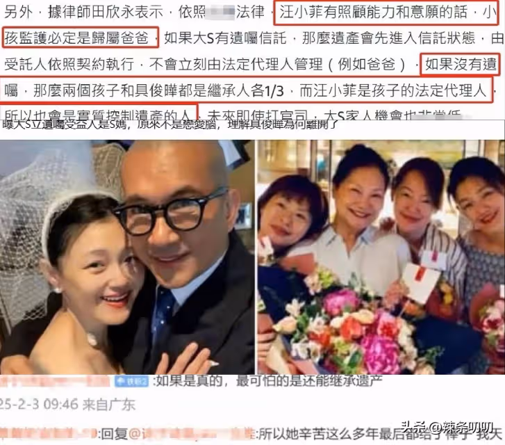 台媒:大S已火化留下6.5億遺產,疑似分成三份,孩子可能分200萬