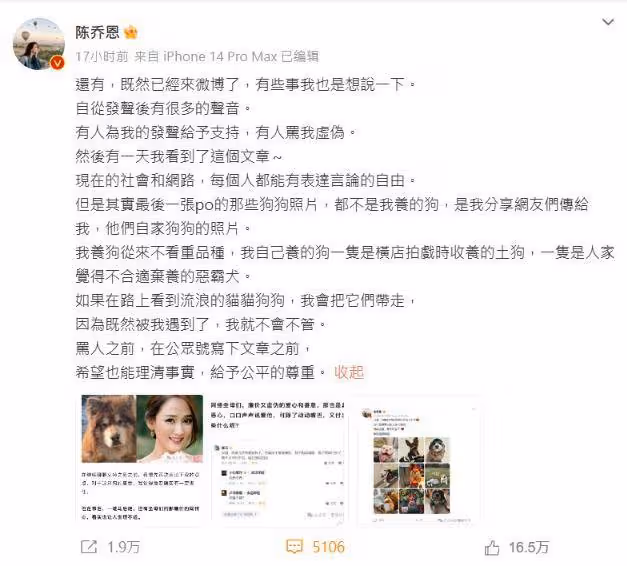 陳喬恩為狗發聲遭指虛偽！用繁體字PO文又被嗆 …不忍了丟44字反擊