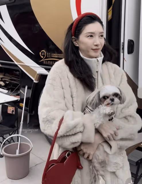 36歲江疏影帶狗上班被拍,穿貂皮大衣保暖又時髦,坐百萬豪車太有實力!