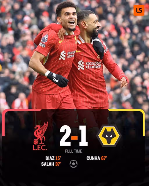 隨著利物浦2:1, 曼聯0:1, 英超第25輪全部結束, 最新積分榜出爐