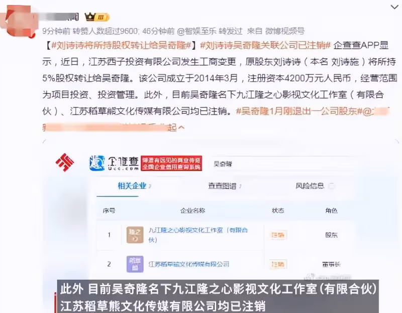 劉詩詩將所持5%股權轉讓給吳奇隆!網友:離婚分割財產?