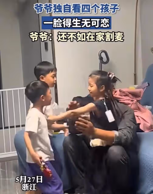 爺爺獨自在家看四個孩子，一臉生無可戀，爺爺：還不如在家割麥子