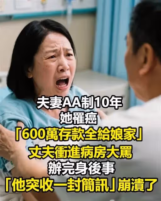 夫妻AA制10年！她罹癌「600萬存款全給娘家」丈夫衝進病房大罵 辦完身後事「他突收一封簡訊」崩潰了