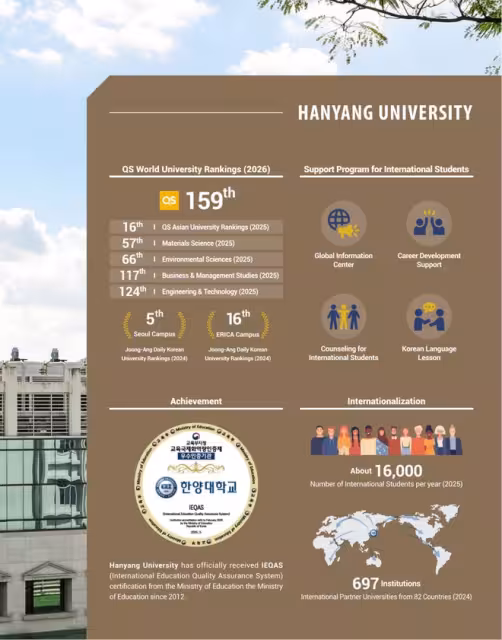 【招生簡章】26年3月入學韓國漢陽大學碩博