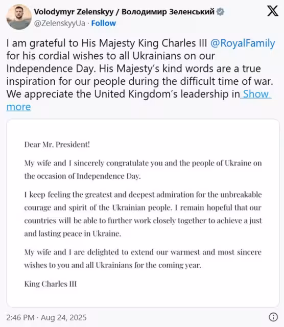 英國國王查爾斯度假期間，烏克蘭總統致謝暖心舉動！