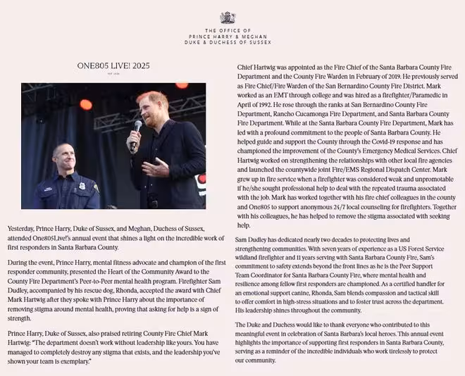 哈里梅根出席活動,力挺消防員心理健康,獲贊慈善先鋒!