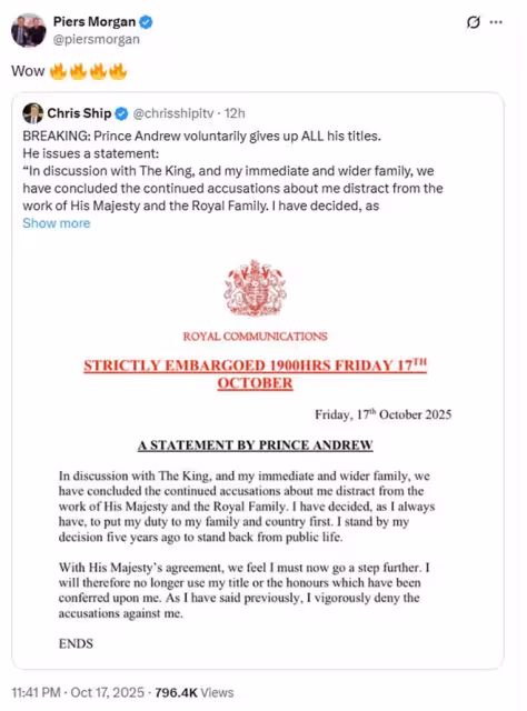 安德魯王子被「剝爵奪銜」!皮爾斯·摩根驚呼:史詩級王室聲明!