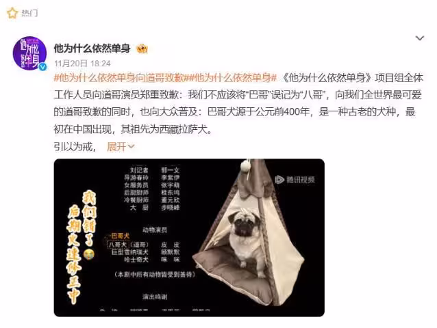 霍建華《他為什麼依然單身》字幕出包!「巴哥不是八哥」劇組道歉