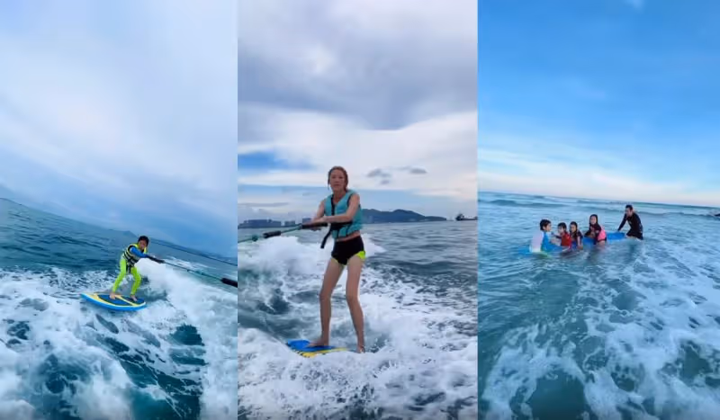 一眾港星扎堆海南度假!阿嬌阿Sa坐遊艇出海,李彩樺沖浪大秀美腿