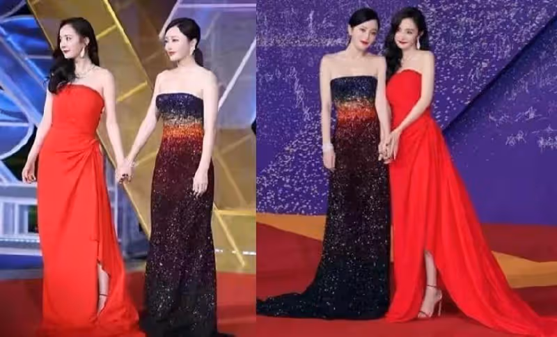 79年的秦嵐和86年的楊冪同框,同穿抹胸裙看不出年齡差,氣質真好