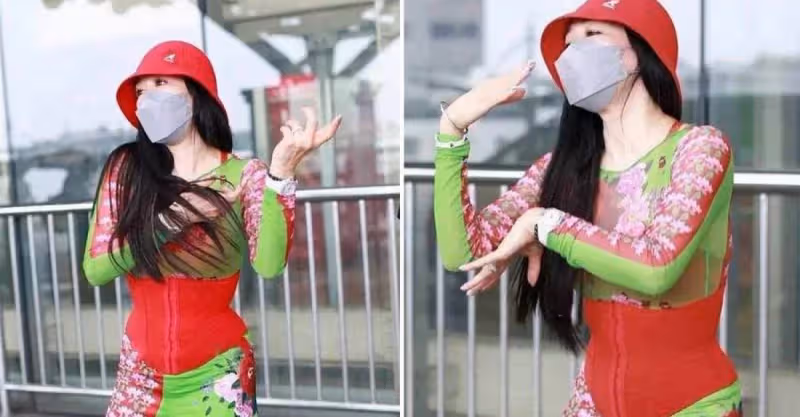 鐘麗緹太有自信，穿一身「紅配綠」還當街跳舞，大曬好身材，下身褲子更吸睛，網：好嫵媚
