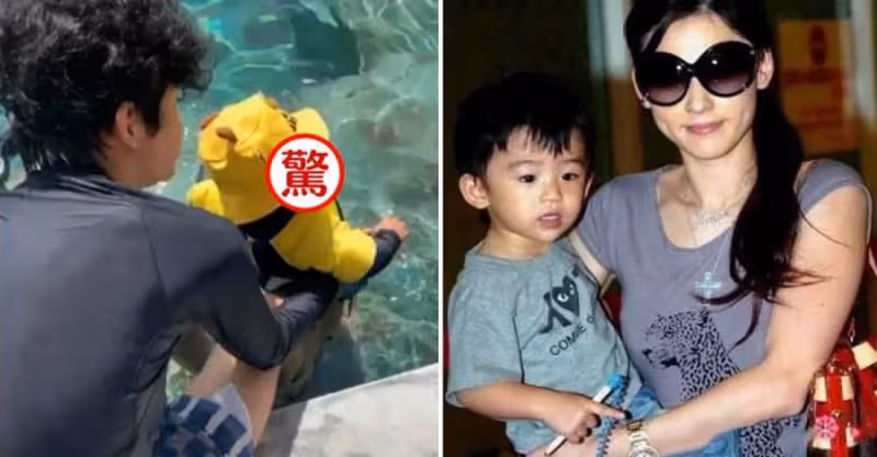 謝霆鋒長子抱著弟弟Marcus玩水，卻意外曝光正臉，「眉眼清秀+肉肉臉蛋」輪廓復刻張柏芝，網友：基因好強大