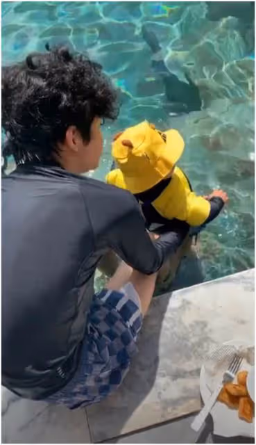 謝霆鋒長子抱著弟弟Marcus玩水,卻意外曝光正臉,「眉眼清秀+肉肉臉蛋」輪廓復刻張柏芝,網友:基因好強大