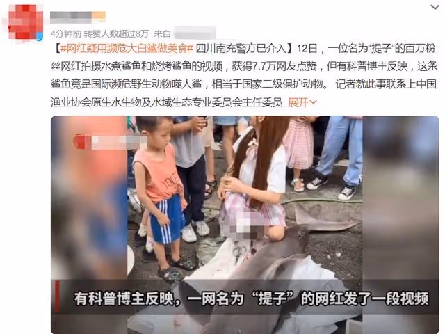 百萬網紅疑烹食二級保護動物!用大白鯊做美食,大口啃咬畫面可怖