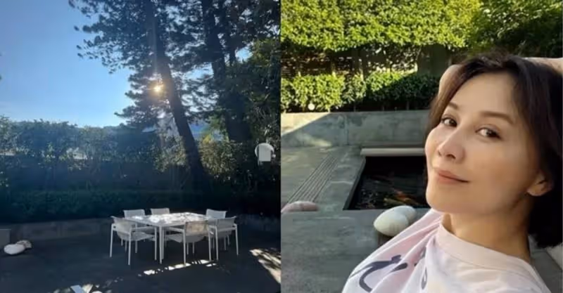豪宅後院太豪華,56歲劉嘉玲素顏自拍照皮膚超好, 池子養滿大鯉魚,院內參天大樹堪比公園。
