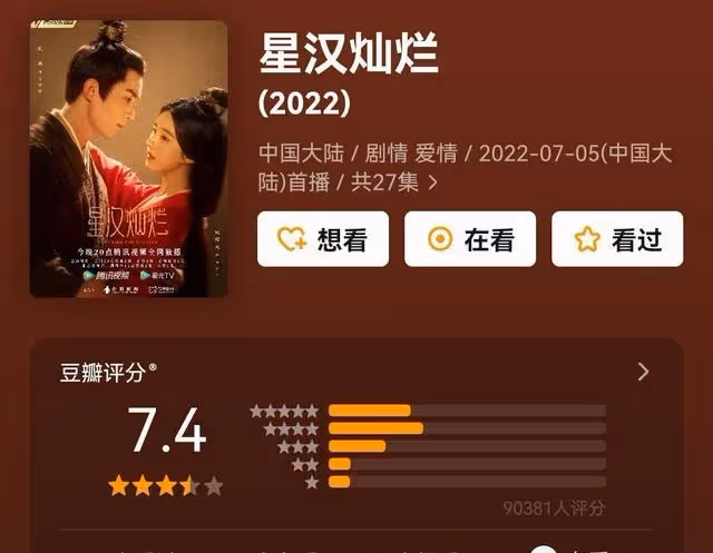 吳磊、趙露思《星漢燦爛》開分7.4!一度超過趙麗穎《幸福到萬家》