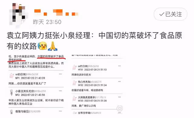 袁立被曝力挺張小泉 稱中國人切菜破壞食品紋路