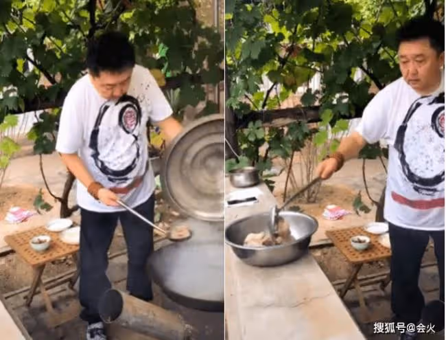 53歲于謙在農村做飯 用大鍋燉肉太接地氣