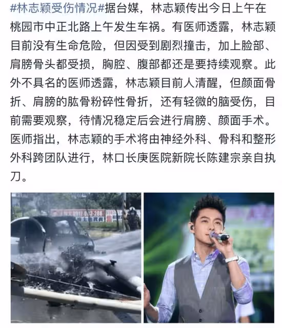 林志穎交通事故後續,在ICU觀察5天即將進行手術,腦部未受損令人欣慰