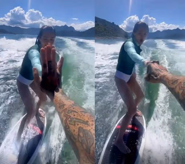 性感女星周秀娜海上衝浪 腿太瘦內側凹一塊