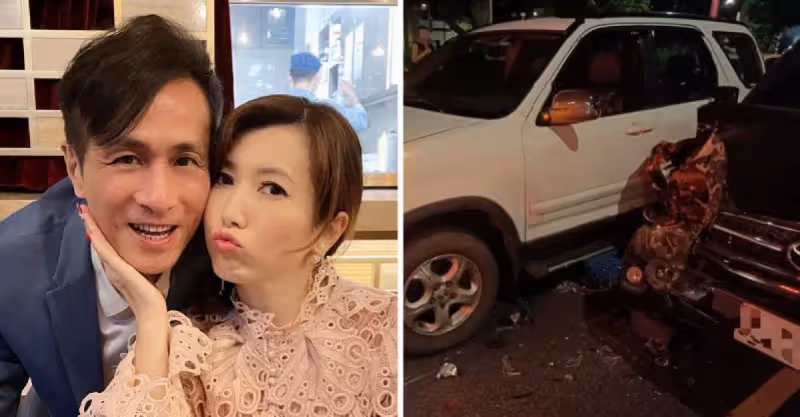 回台拍戲遇車禍！廖家儀「遭追撞車頭全毀」現場照曝光　急送醫「恐有腦震盪」家人憂曝：不敢告訴小孩