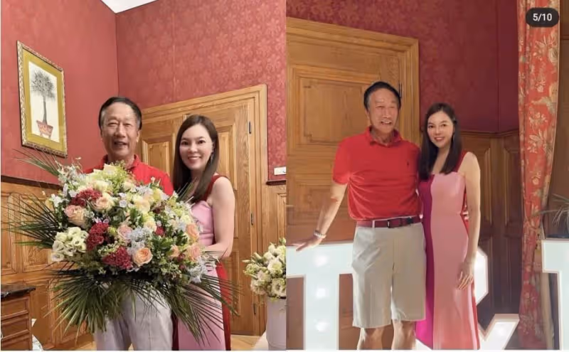 富士康郭台銘夫婦慶祝結婚14周年！嬌妻手捧超大玫瑰花滿臉笑容，皮膚白皙身材出眾，47歲宛若花季少女