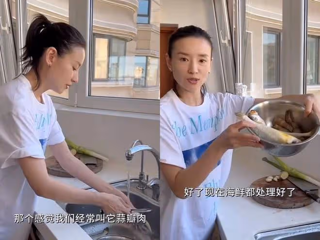 董潔帶兒子回大連,跟父親下廚做了一桌菜,豪宅寬敞依山傍水