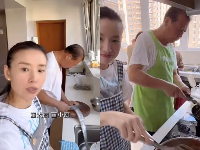 董潔帶兒子回大連,跟父親下廚做了一桌菜,豪宅寬敞依山傍水