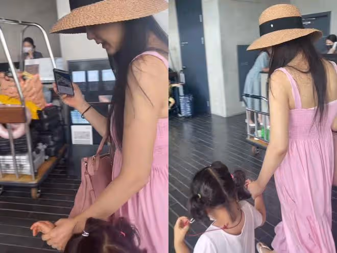 咸素媛一家出門游泳,穿泳衣秀身材,陳華光著膀子跟女兒玩水