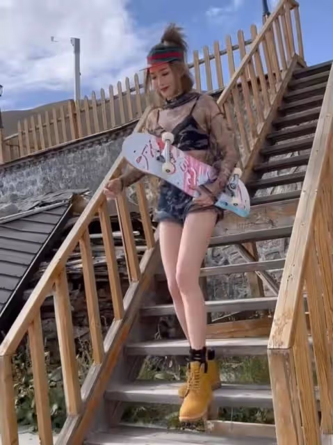 38歲李彩樺高原上玩滑板,多次失敗險摔倒,穿透視裝身材高挑性感