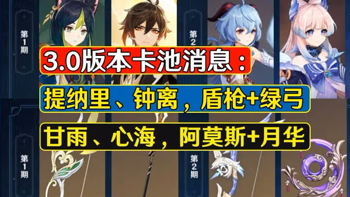 原神：3.0版本卡池消息，提鍾甘心復刻，萌新直接起飛
