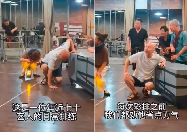 68歲陳佩斯排練戲劇太賣力!多次單膝下跪滑行