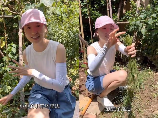 42歲董潔在院子割韭菜，徒手捉蟲子膽子大，兒子身高已超過她