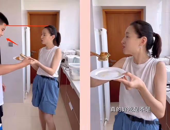 42歲董潔在院子割韭菜，徒手捉蟲子膽子大，兒子身高已超過她