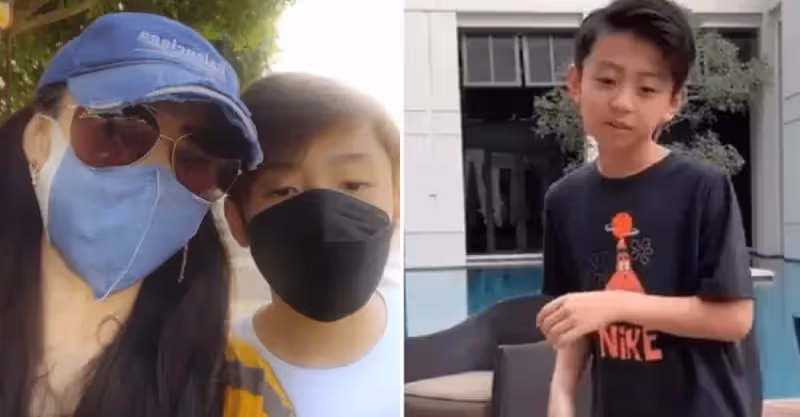張柏芝跟次子合影，12歲五官清秀長得也高， 模樣帥氣超謝霆鋒