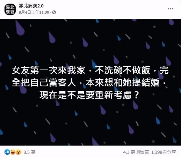 嫌女友去家裡只想當客人不洗碗「結婚喊停」!薔薔爆氣嗆:憑啥做你家下人