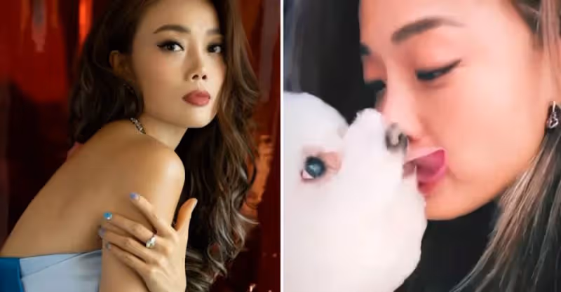 42歲容祖兒罕曬近況！與愛犬互動被狗狗舔嘴巴引爭議，素顏出鏡美貌依舊，雪白肌膚少女感十足