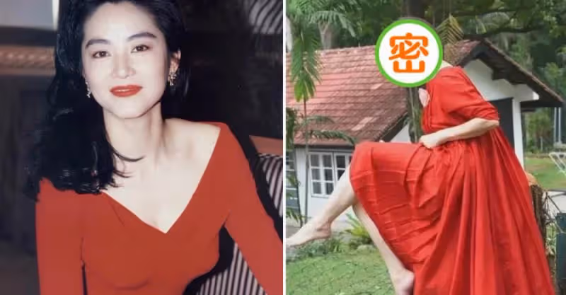 林青霞近照曝光！在自家果園摘果子，穿紅裙赤腳坐在樹樁上，67歲狀態像40歲