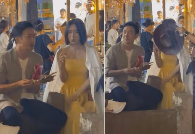 秦嵐穿弔帶身材火辣 和王陽街頭大口擼串
