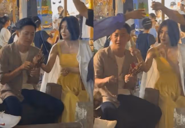 秦嵐穿弔帶身材火辣 和王陽街頭大口擼串