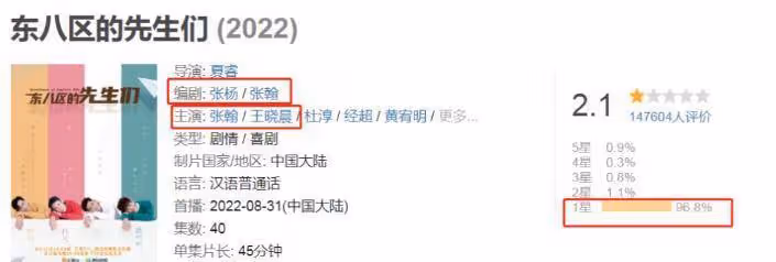 張翰新劇評分為2.1,為歷史最低,演員們一個接一個地爛了,張翰的微博已經被